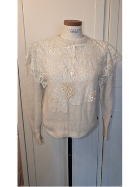Vintage 80s I.B. Diffusion Beaded Lace Sweater Size M Beige White